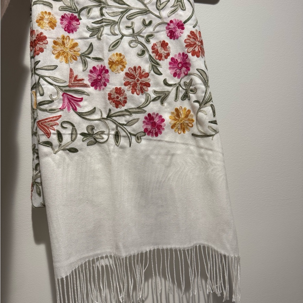 Floral Embroidered White Scarf
